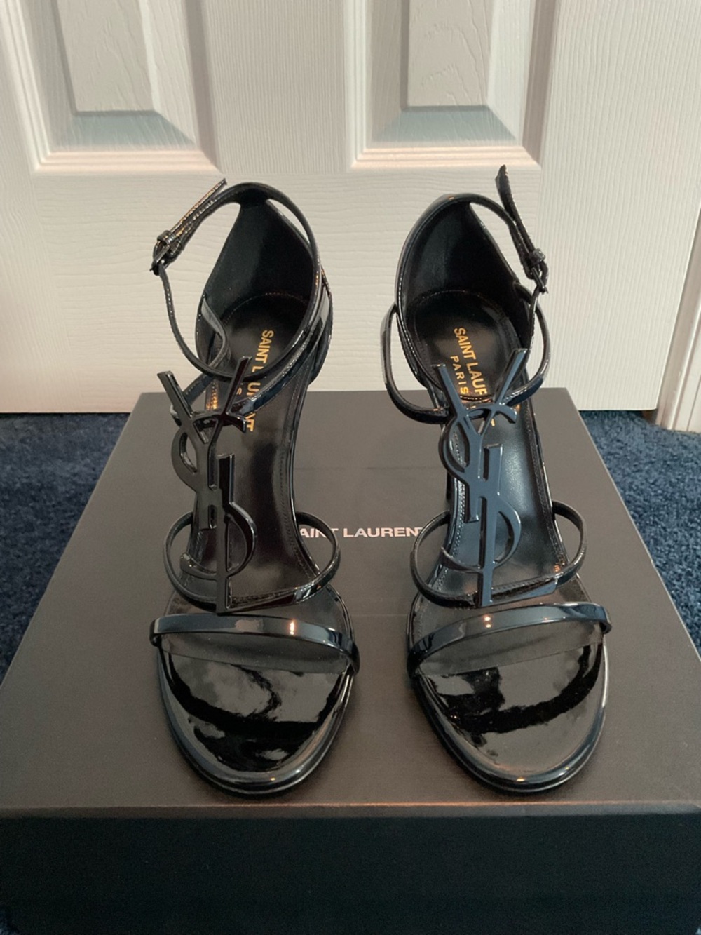 Saint Laurent Cassandra Black Patent YSL Logo T-Strap Sandals